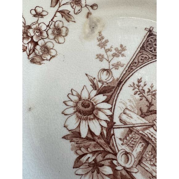 Rare Vintage British Aesthetic Brown Transfer Ware Girl with Rake 8.5” Plate - Picture 8 of 10